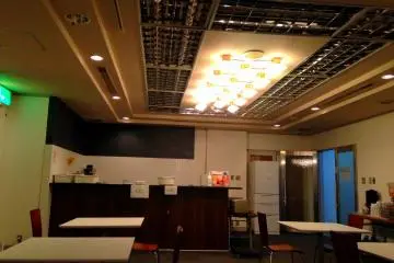 The dimly lit dining room
