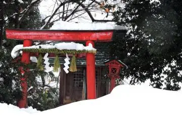 <p>Red torii gate of a small Fox Shrine on the temple grounds half buried in snow. Snow blocked me from getting closer to it.</p>