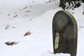 <p>No. 4 Kannon statue, and fallen leaves on snow</p>