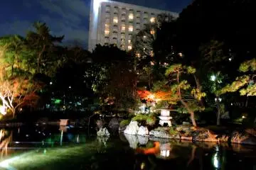 <p>Illuminated garden pond at night</p>