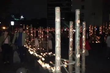 <p>Long lines of towering lit up bamboo poles stretch all the way lit up&nbsp;Kumamoto Castle in the distance</p>
