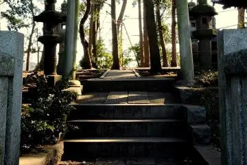 <p>A stone torii standing over a path into the trees</p>