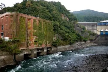 <p>Ivy covered red bricks of the building to the left of the dam &nbsp;</p>