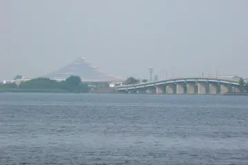 Strange pyramid shaped building on the far side of the lake