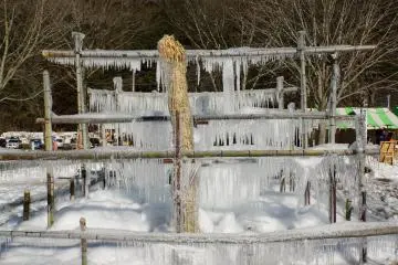 <p>An icicle covered bamboo structure</p>