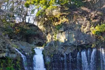 <p>Snowmelt from Mt. Fuji spill like threads of silk from the spaces between the lava beds</p>