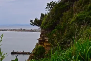 Steep cliffs along the shore.