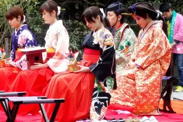 <p>Locals dressed up as living figurines from a traditional Hina doll set</p>