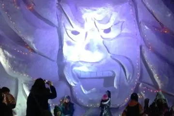 A giant snow sculpture a samurai commonly seen in Aomori's Nebuta festival