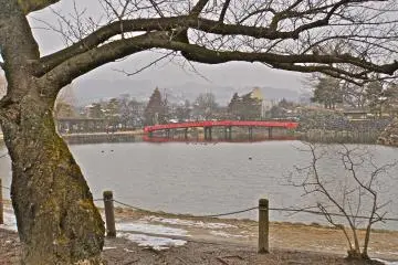 The striking red footbridge over the moat behind the castle