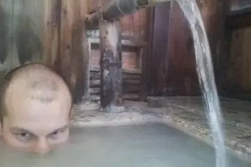 <p>Soaking in my private bath inside the men's locker room next to the mixed bath</p>