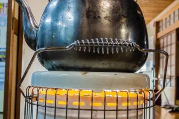 <p>A paraffin heater provides plentiful heat for the room and the tea!</p>