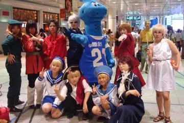 Group of Hetalia cosplayers with the Oasis-21 mascot before the championship