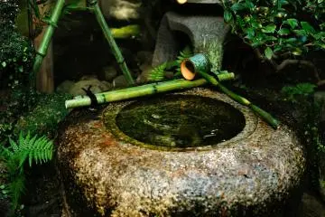 <p>A basin brimming with water and a stone lantern</p>