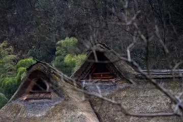 <p>Thatched roofs in a dark cloudy setting</p>