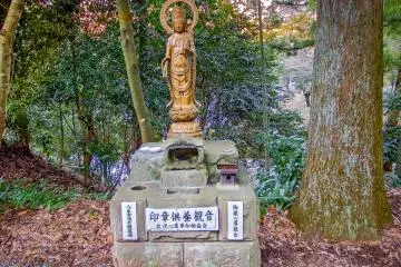 <p>Situated towards the end of this complex is this gold colored statue</p>