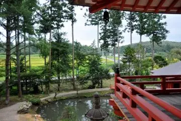 <p>Looking out from the main hall, over the Gamagaike, at the surrounding rice paddies. Gamagaike means 'Toad Pond'.</p>