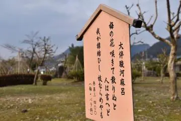 <p>A poem about plum blossoms from Manyo-shu (the oldest existing collection of Japanese poetry) written on a board to introduce plum trees inside the park</p>