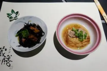 <p>Two dishes from the Shimanami&nbsp;course menu</p>