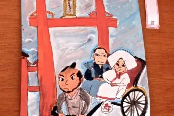 <p>Art from local children on display inside the shrine</p>