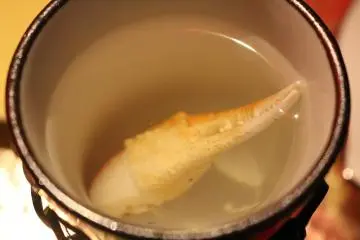 <p>Crab sake with an edible crab claw inside</p>