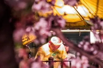 In reverse; this time peering out through some blurred cherry blossoms in foreground at another stall owner and customer on the other side of the river