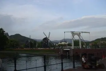 <p>View of the Dutch water mills and drawbridge</p>