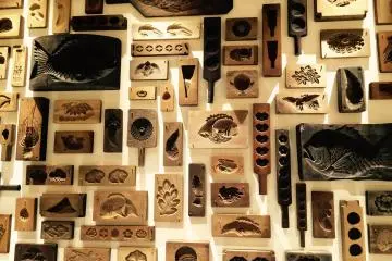 A display of the wooden Wagashi moulds.