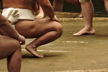 <p>Taped joints bear witness to the physical stress of sumo</p>