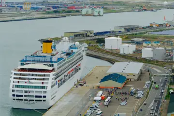 <p>Aerial view of the Italian 'Costa Victoria' moored in Akita's cruise port</p>