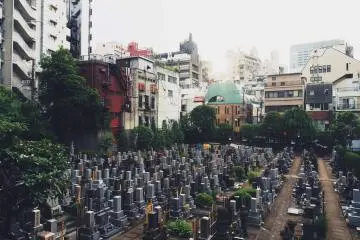 <p>Right outside of Two Dog's there is a graveyard with a view of the cityscape of Roppongi&nbsp;</p>