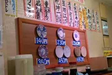 Plates at kaiten-zushi are color-coded according to price