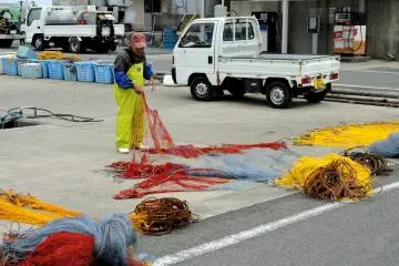 <p>Checking the nets for holes as they dry in the sun</p>
