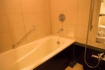 <p>The bath was big enough to relax in. It also included a shower.</p>