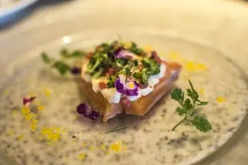 <p>The entr&eacute;e for the 'French Dinner Course' was Mimosa Salad with Marinated Salmon and Caviar.&nbsp;</p>