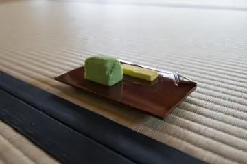 <p>Meimei-An serves this two pieces of wagashi. The green piece on the left is 'Wakakusa', Young Grass, a favourite of Lord Matsudaira and a staple in all wagashi shops in Matsue.</p>