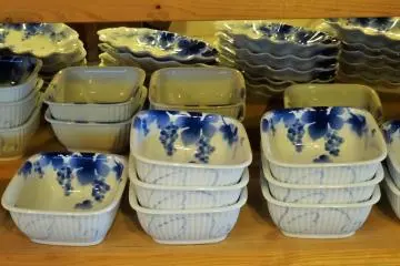 <p>A collection of bowls on display</p>