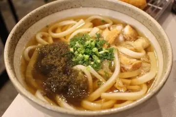 <p>Abura kasu udon (with kelp and spring onion toppings).</p>