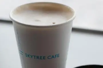 <p>Skytree caf&eacute; cappucino overlooking Tokyo</p>