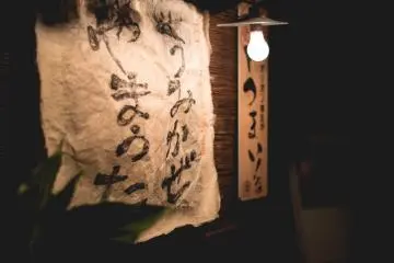 <p>Japanese wording lit by single bulb</p>