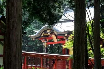 <p>Red shrine hall seen through the trees</p>