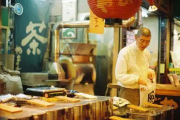 A tea shop fills the air with a faint aroma of roasted tea