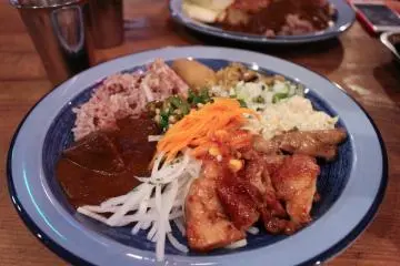 Buffet plate with curry and vegetable side dish selection.