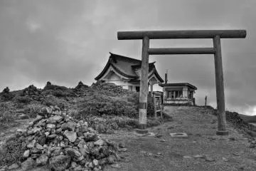 Small Shinto shrine overlooking Okama crater lake