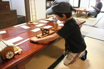 A boy playing with a sawfly toy