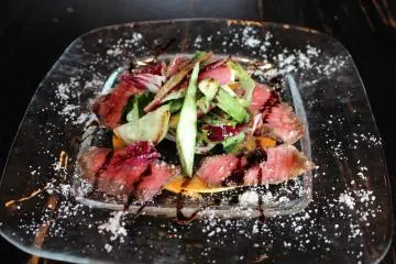 Another image of the A5 Yonezawa beef carpaccio with Italian vegetables from Kahoku-cho, Yamagata