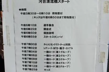 <p>The timetable of events the day of the event: Baggage drop-off and storage from 5:10am Participant assembly in the starting area from 6:10am Opening Ceremony at 6:25am Race and course explanation at 6:50am Final call and grid standby at 6:55 The starts of each class group from 7am And the awards ceremony at 12:30pm</p>