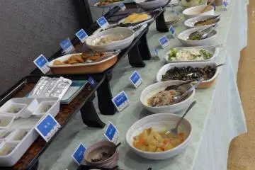 There is a large buffet spread for breakfast.