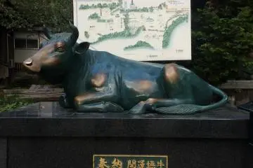 <p>Patung dari legenda Akabeko. Perhatikan tempat dimana pengunjung menyentuh di bagian kuningan</p>