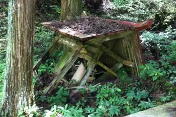 An unkept shrine covered in vegetation, possibly destroyed by recent heavy rain
